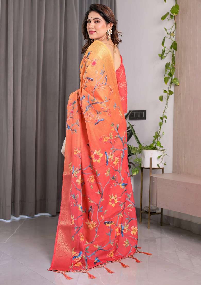 Orange Embroidered Linen Saree Set - Indya