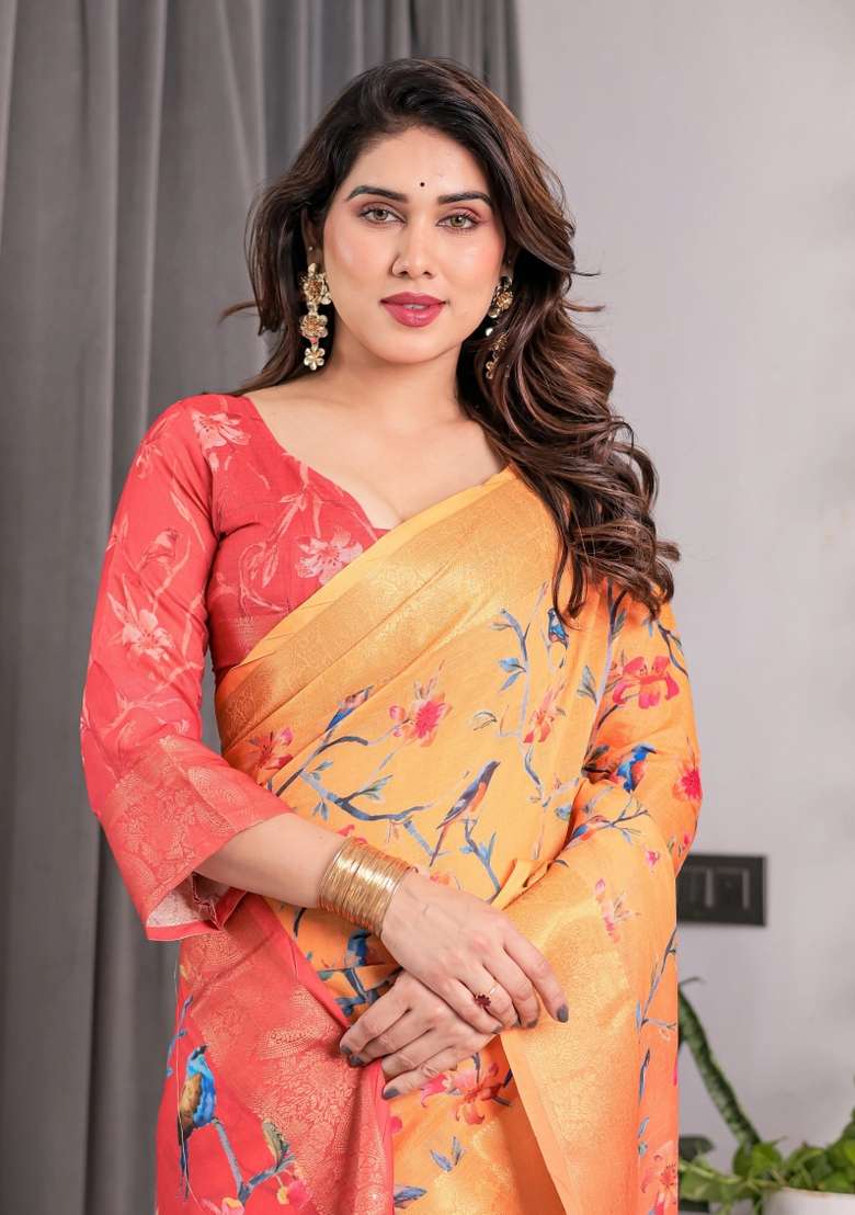Orange Embroidered Linen Saree Set - Indya