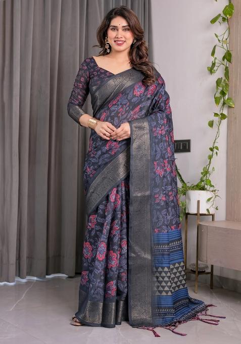 Blue Embroidered Linen Saree Set