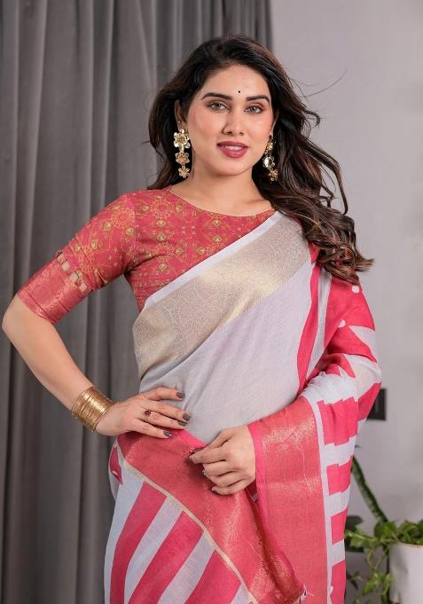 Pink Embroidered Linen Saree Set
