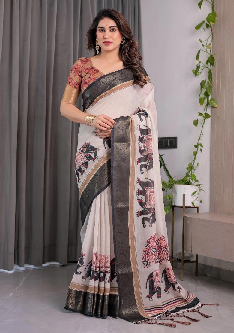 Ivory Embroidered Linen Saree Set