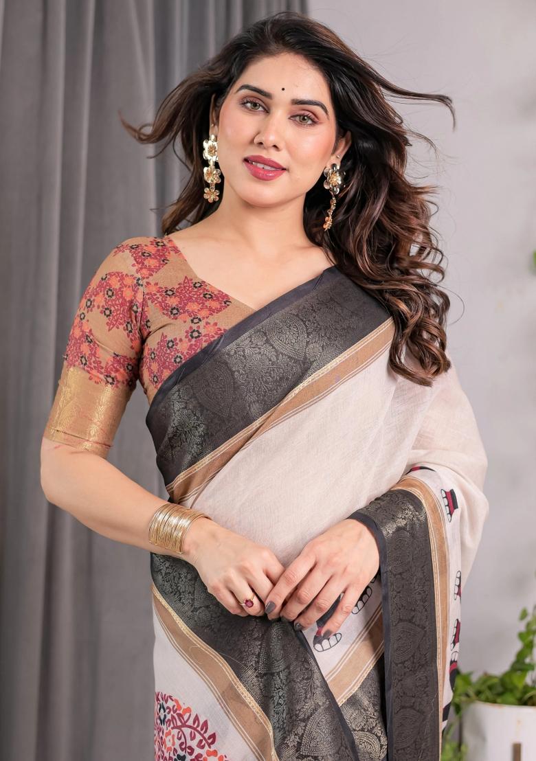 Ivory Embroidered Linen Saree Set - Indya