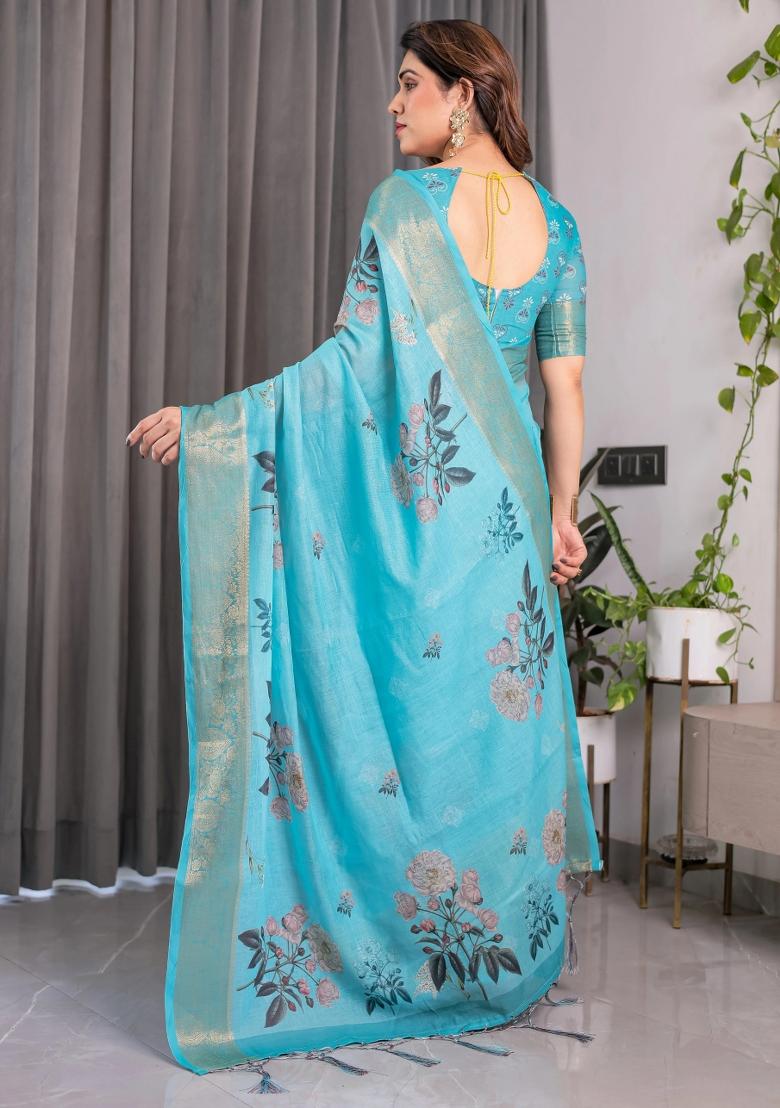 Blue Embroidered Linen Saree Set