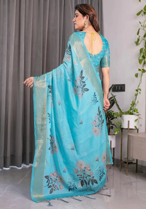 Blue Embroidered Linen Saree Set