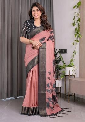 Pink Embroidered Linen Saree Set