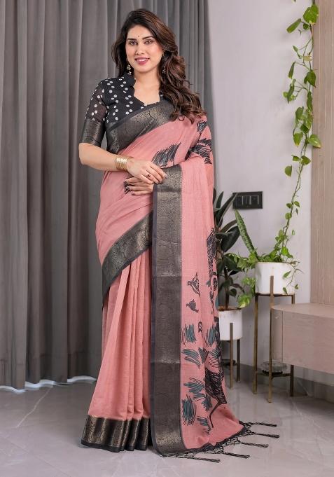 Pink Embroidered Linen Saree Set