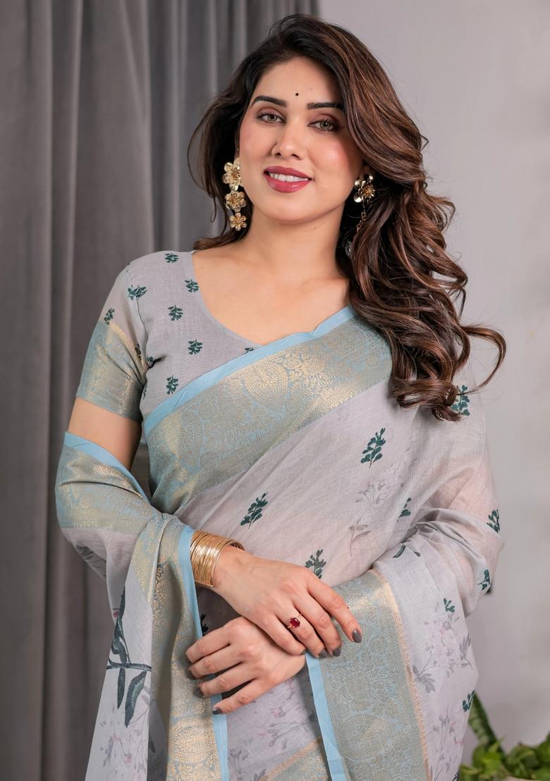 Multicolor Embroidered Linen Saree Set - Indya