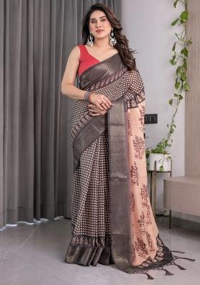 Beige Embroidered Linen Saree Set