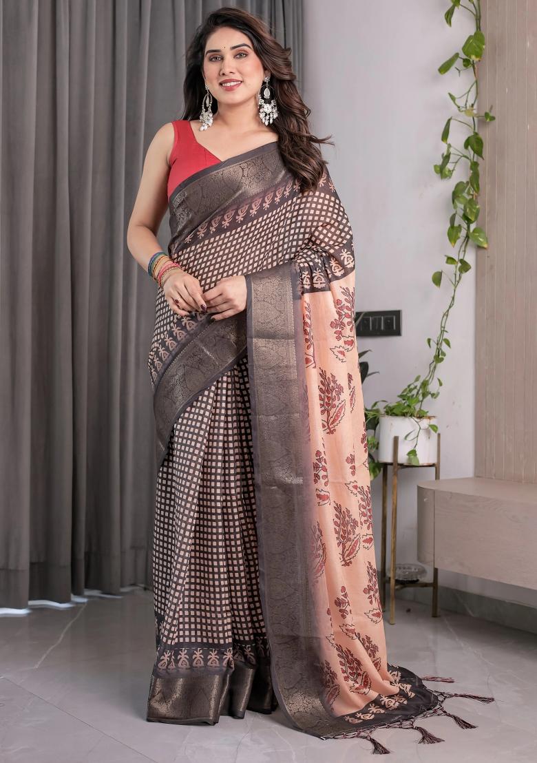 Beige Embroidered Linen Saree Set - Indya