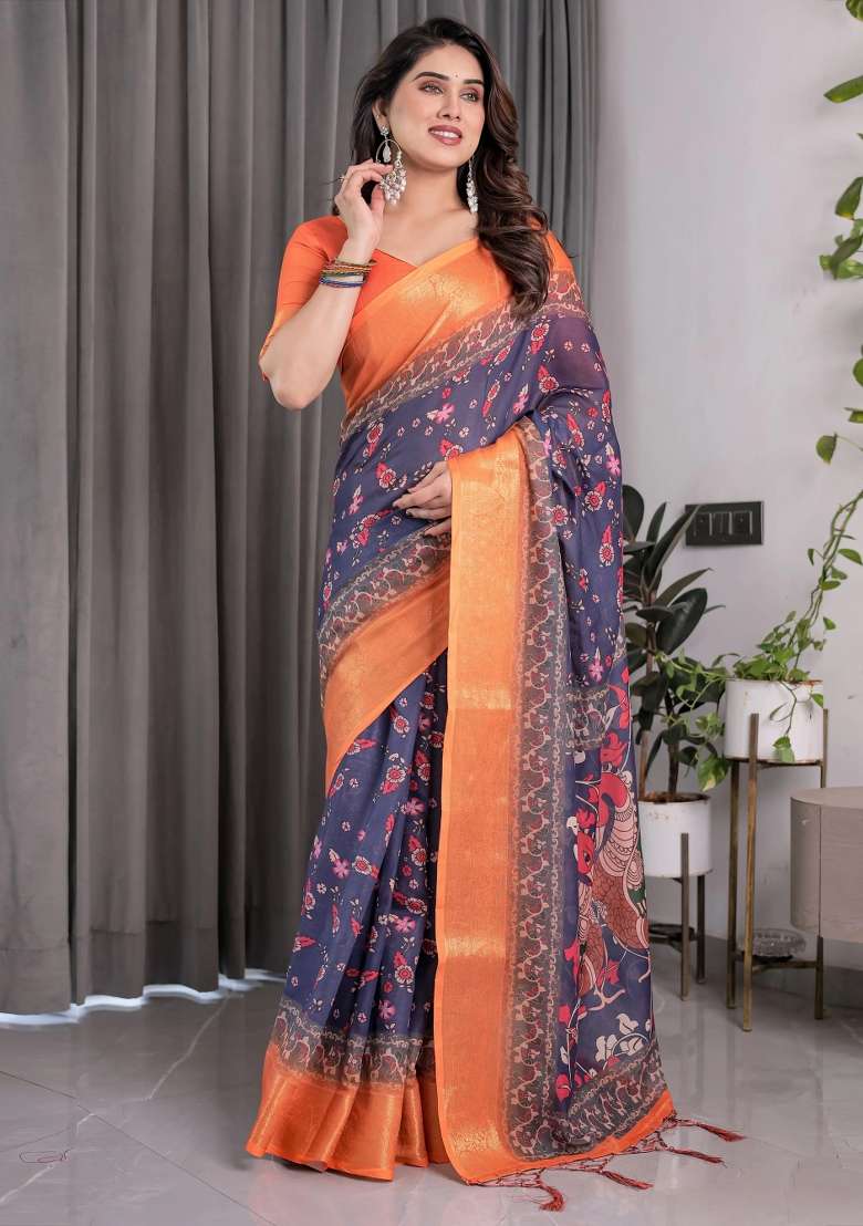 Orange Embroidered Linen Saree Set - Indya