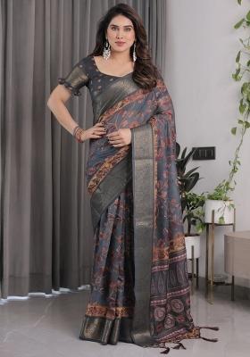 Grey Embroidered Linen Saree Set