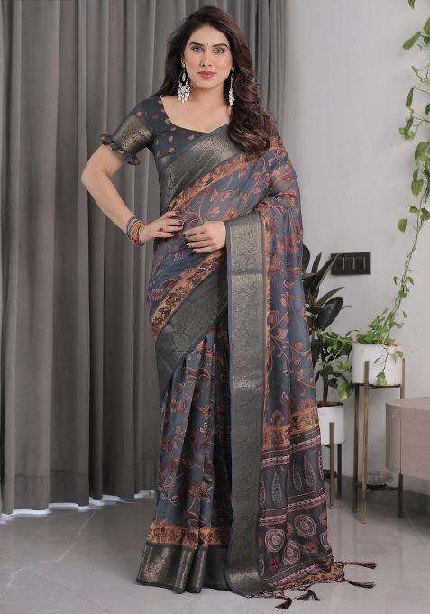 Grey Embroidered Linen Saree Set