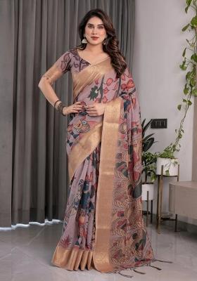 Mauve Embroidered Linen Saree Set