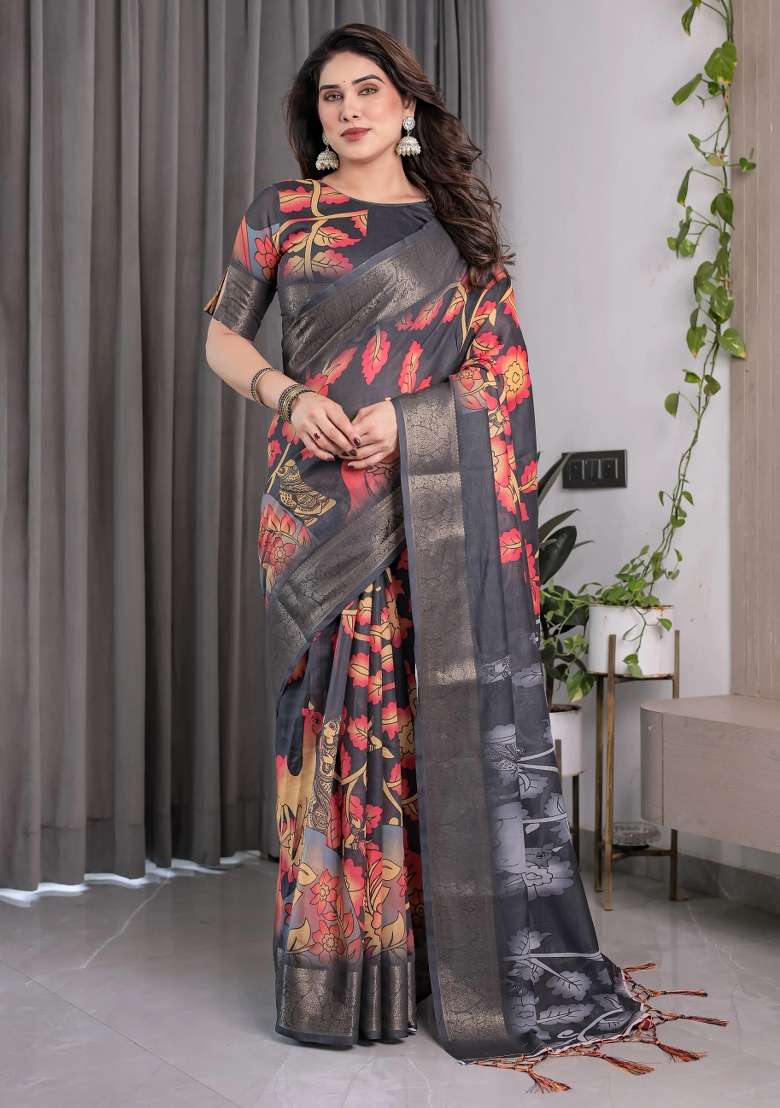 Multicolor Embroidered Linen Saree Set - Indya