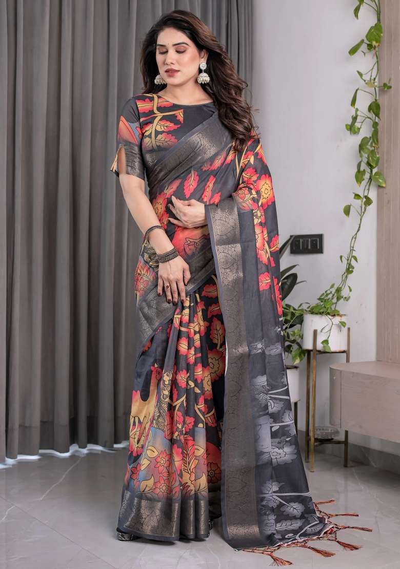 Multicolor Embroidered Linen Saree Set - Indya
