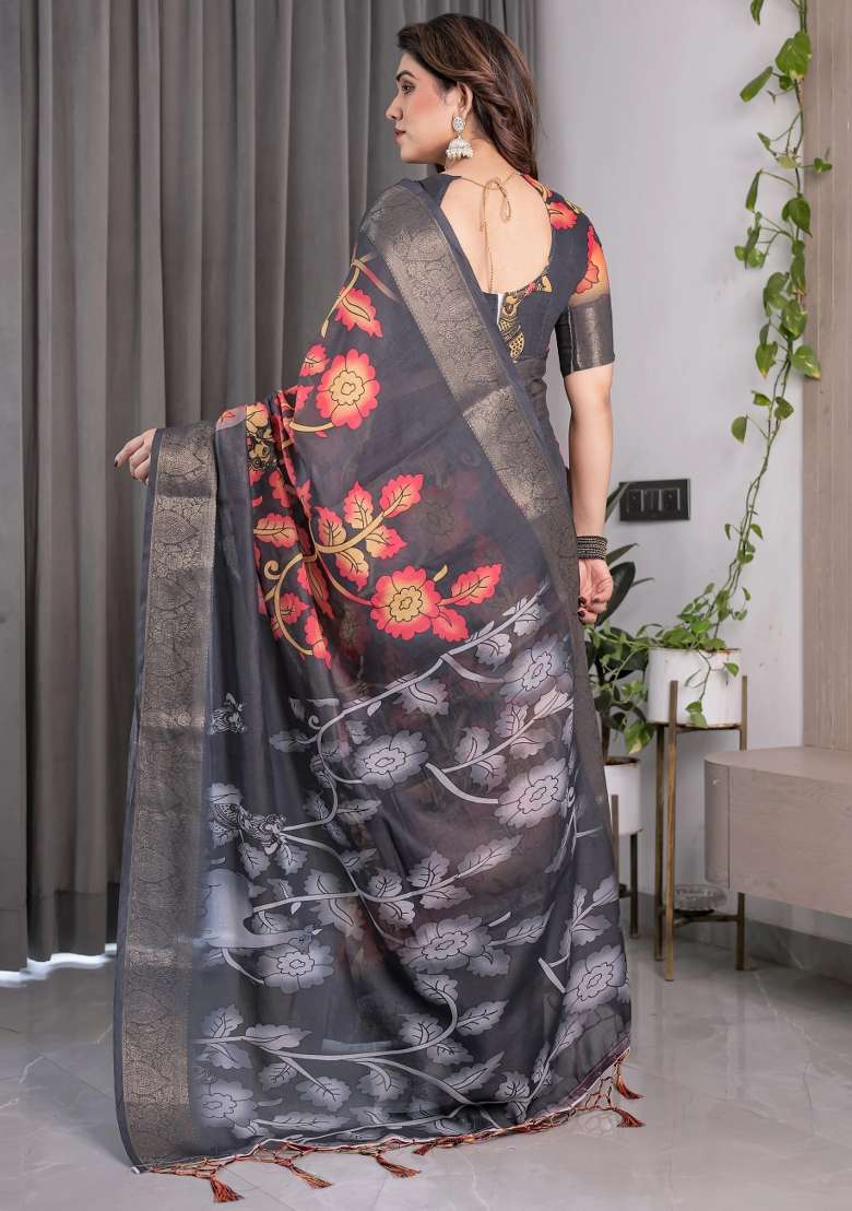 Multicolor Embroidered Linen Saree Set - Indya