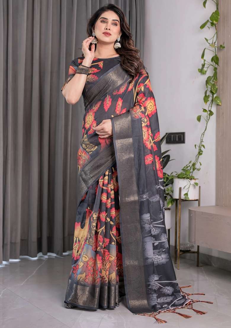 Multicolor Embroidered Linen Saree Set - Indya