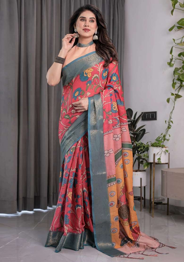 Multicolor Embroidered Linen Saree Set - Indya