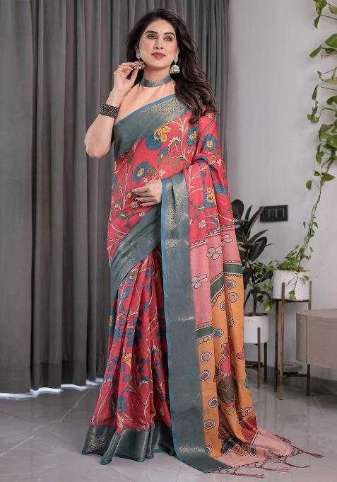 Multicolor Embroidered Linen Saree Set