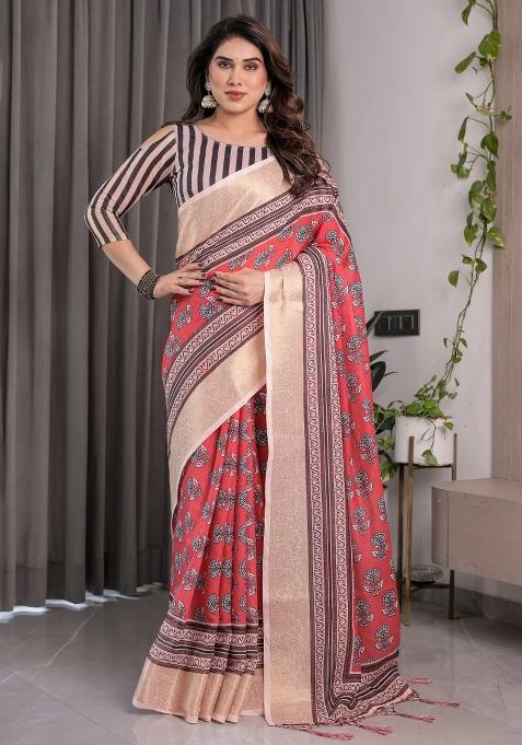 Red Embroidered Linen Saree Set