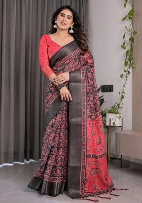 Red Embroidered Linen Saree Set