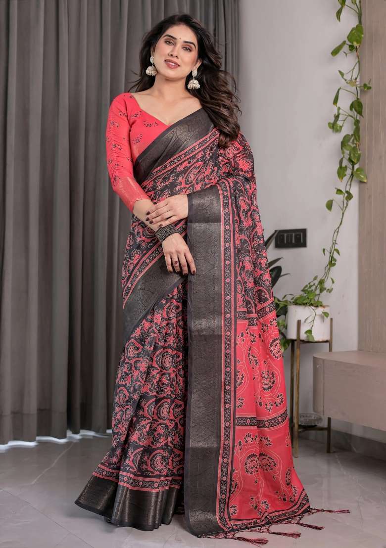 Red Embroidered Linen Saree Set - Indya