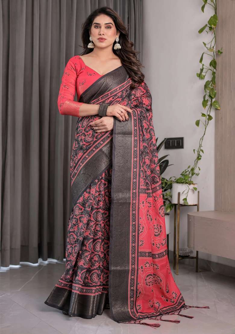 Red Embroidered Linen Saree Set - Indya