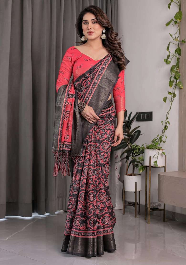 Red Embroidered Linen Saree Set - Indya