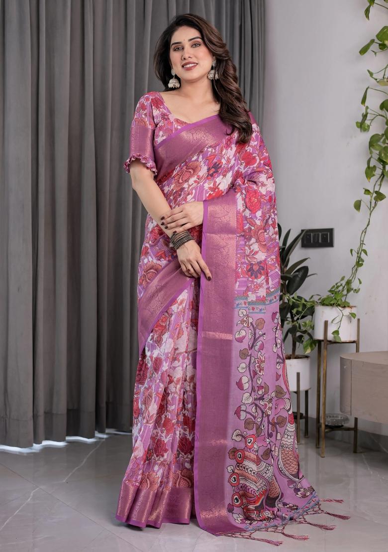 Pink Embroidered Linen Saree Set