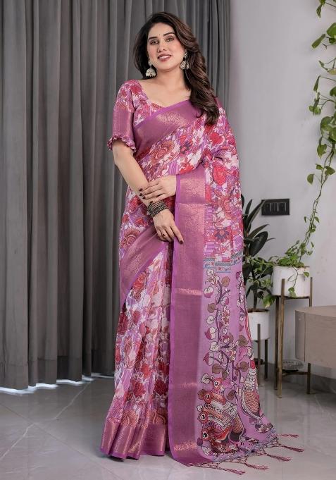 Pink Embroidered Linen Saree Set