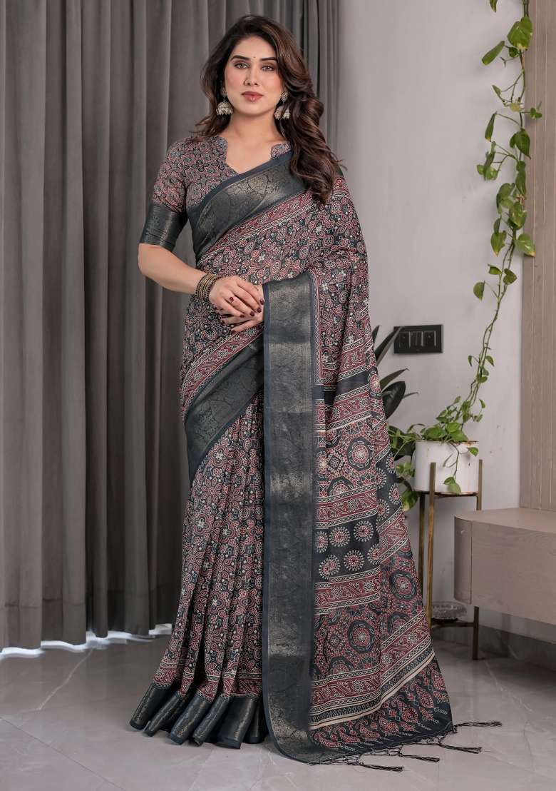 Black Embroidered Linen Saree Set - Indya
