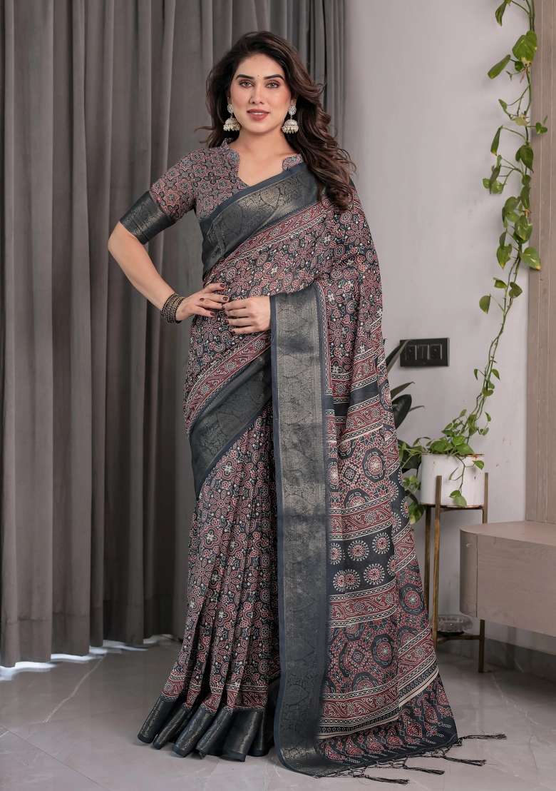 Black Embroidered Linen Saree Set - Indya