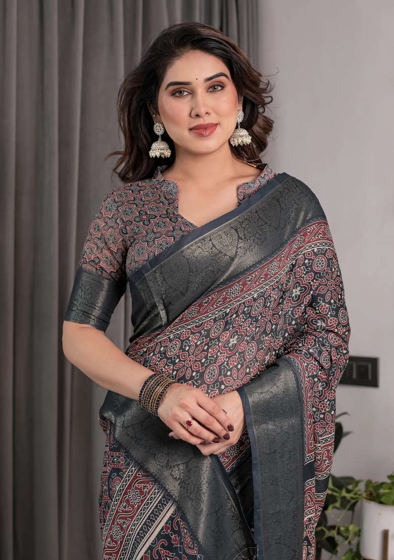 Black Embroidered Linen Saree Set - Indya