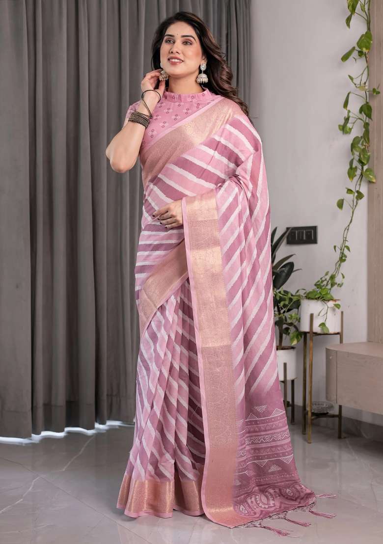 Pink Embroidered Linen Saree Set - Indya