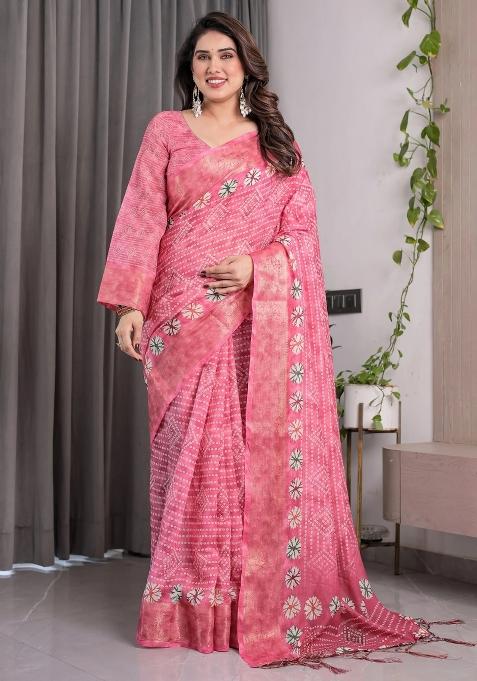 Pink Embroidered Linen Saree Set
