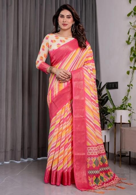 Multicolor Embroidered Linen Saree Set