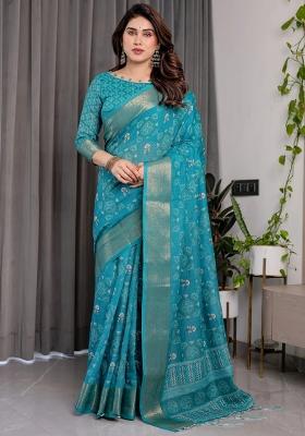 Blue Embroidered Linen Saree Set