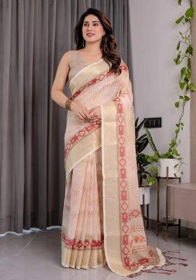 Beige Embroidered Linen Saree Set