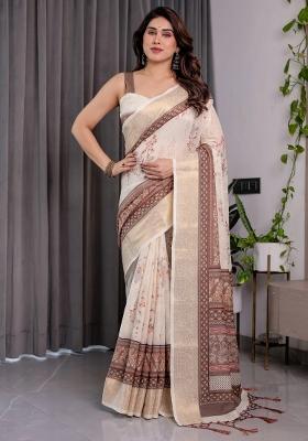Beige Embroidered Linen Saree Set