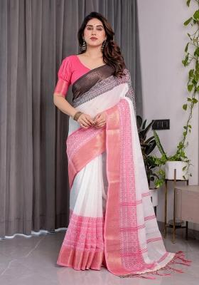 Charcoal Embroidered Linen Saree Set