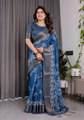 Blue Embroidered Linen Saree Set