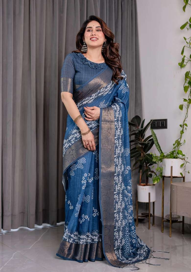 Blue Embroidered Linen Saree Set - Indya