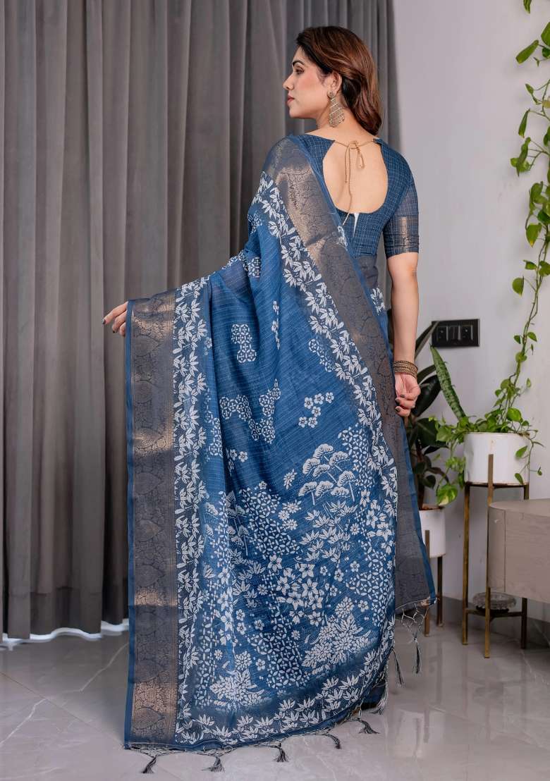 Blue Embroidered Linen Saree Set - Indya