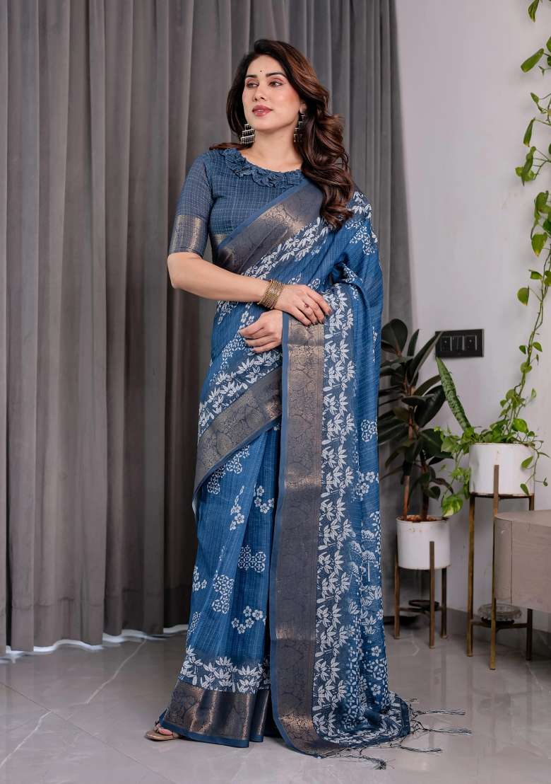 Blue Embroidered Linen Saree Set - Indya
