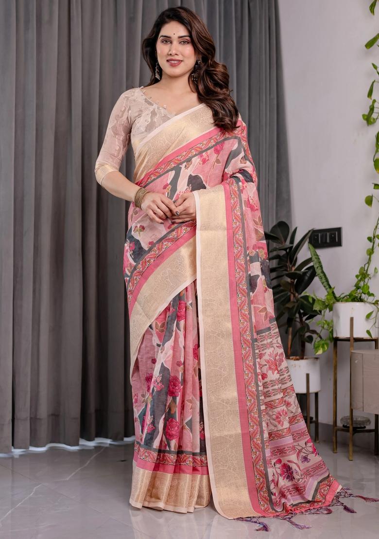Pink Embroidered Linen Saree Set