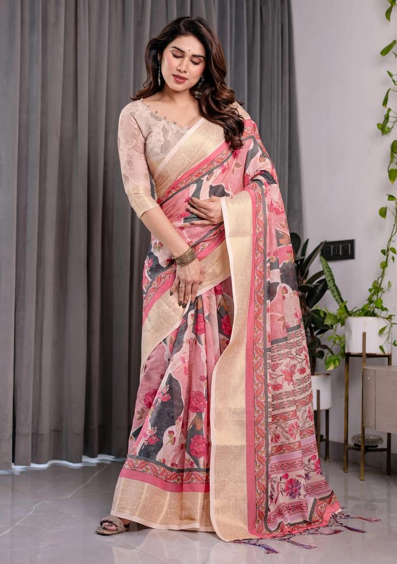 Pink Embroidered Linen Saree Set