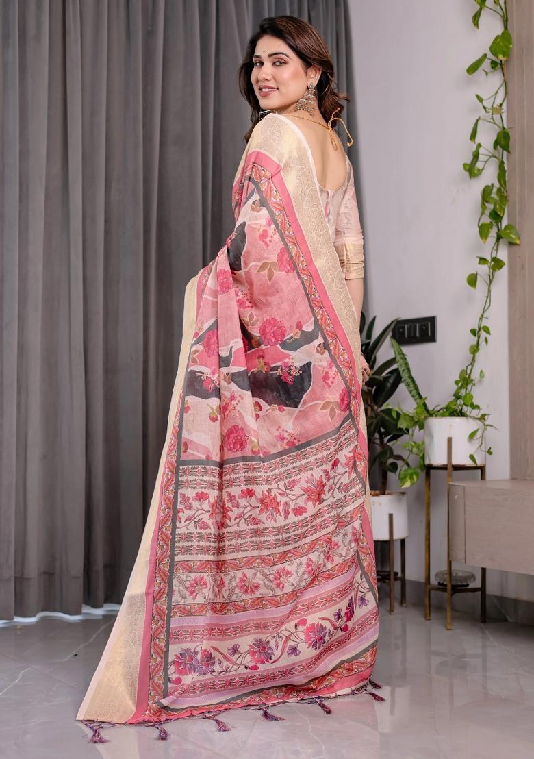 Pink Embroidered Linen Saree Set