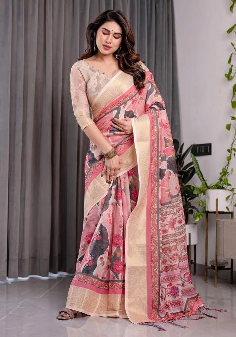 Pink Embroidered Linen Saree Set