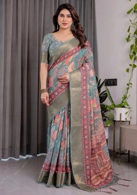 Green Embroidered Linen Saree Set