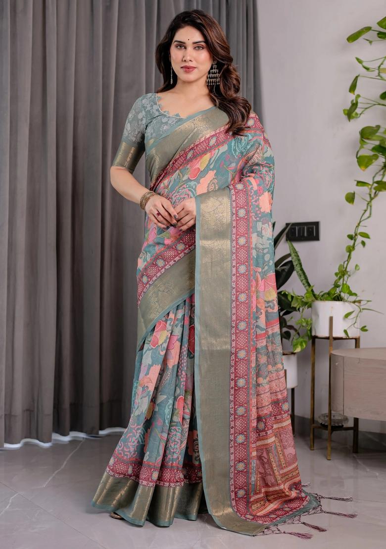 Green Embroidered Linen Saree Set - Indya